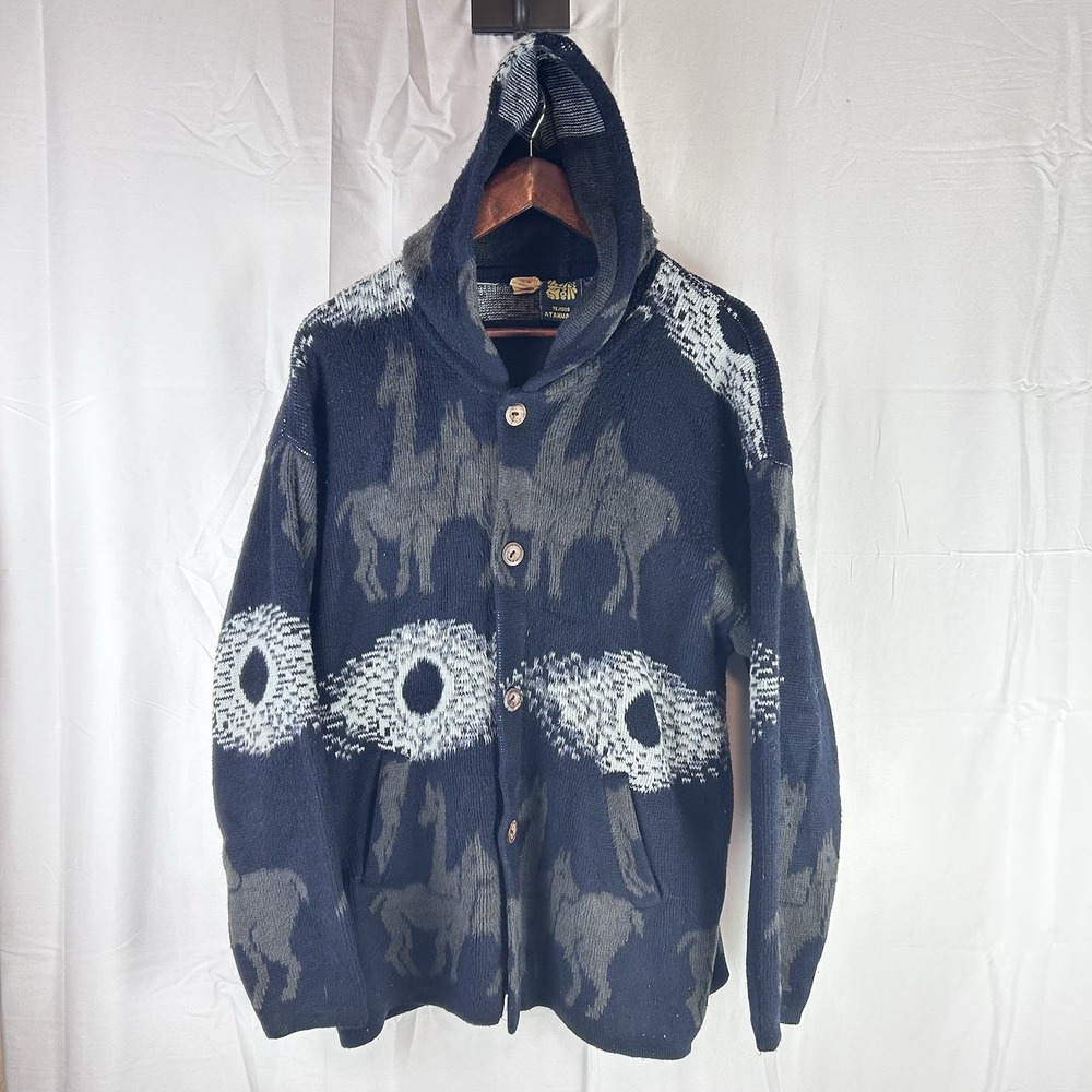 Tejidos Atahualpa Wool Aztec Sweater Mens Size Medium Blue Button Pockets Alpaca